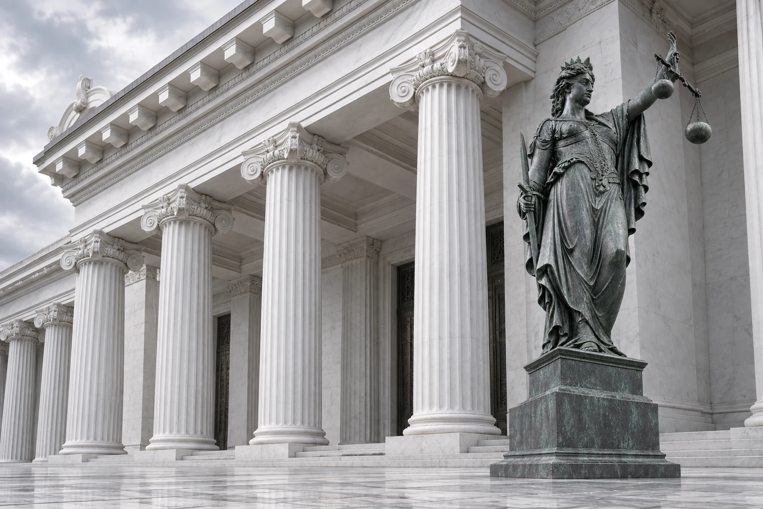 Estatua de la Justicia integrada en un patio de arquitectura clásica